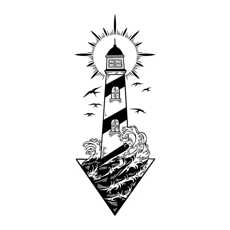 Tatuagem temporária Mar e Animais Marinhos — Farol com ondas. Inclui farol, ondas
