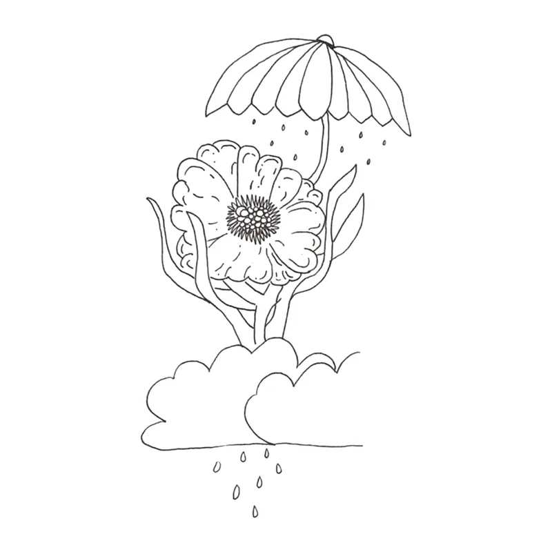 Tatuagem temporária Flores — Flor sob guarda-chuva com chuva. Inclui flor, guarda-chuva, nuvem