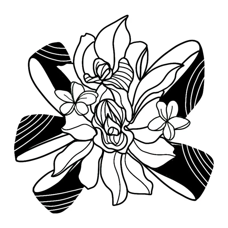 Tatuagem temporária Flores — Flores com fitas pretas. Inclui flores, fitas