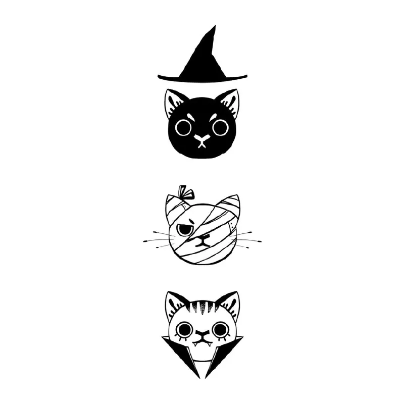 Tatuagem temporária Caveiras e Sombrio — Gatos de Halloween. Inclui gatos, bruxa, múmia