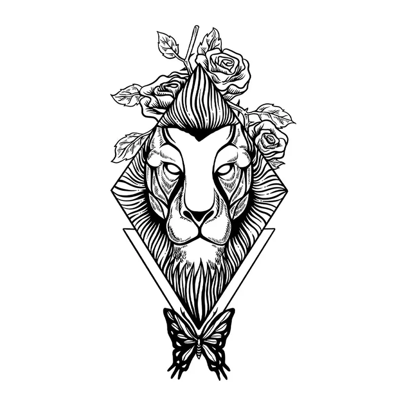 Tatuagem temporária Animais Selvagens — Leão com rosas e borboleta. Inclui leão, rosas, borboleta
