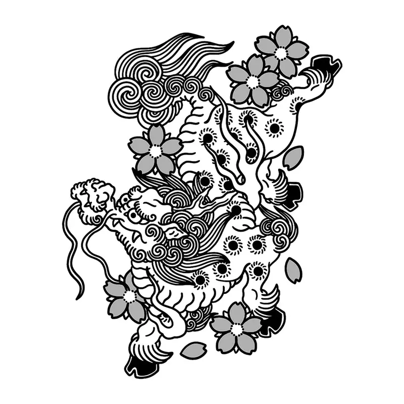 Tatuagem temporária Oriental — Leão-guardião com flores. Inclui leão, flores