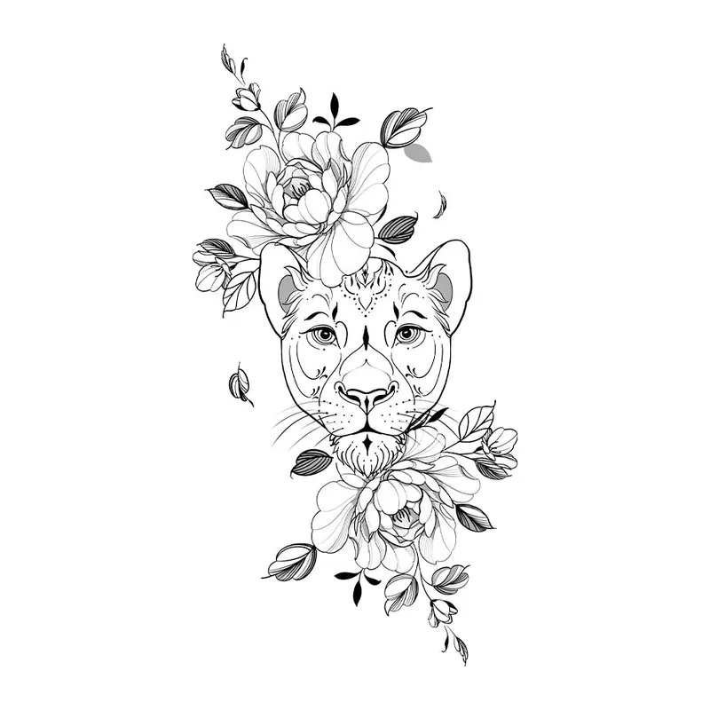 Tatuagem temporária Animais Selvagens — Leoa com rosas. Inclui leoa, rosas