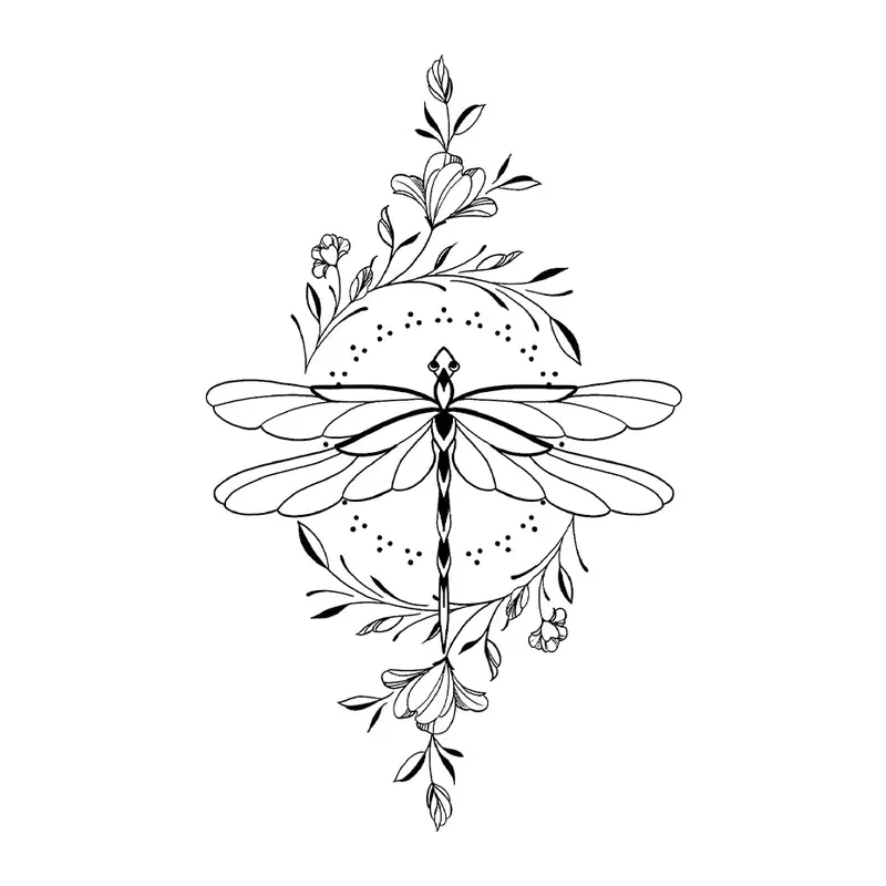 Tatuagem temporária Borboletas e Insetos — Libélula com flores. Inclui libélula, flores