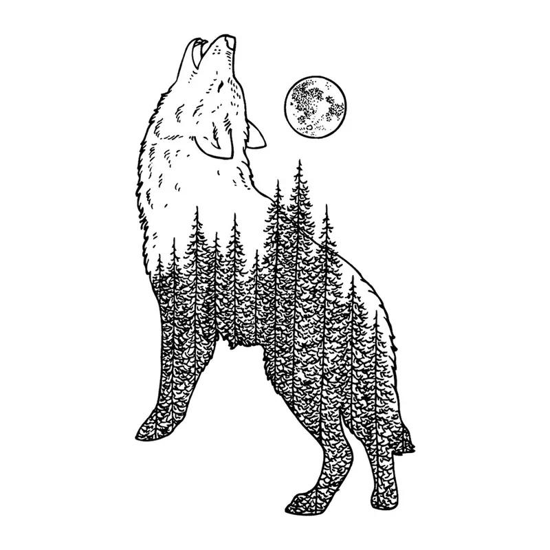 Tatuagem temporária Animais Selvagens — Lobo uivando com floresta. Inclui lobo, floresta, lua