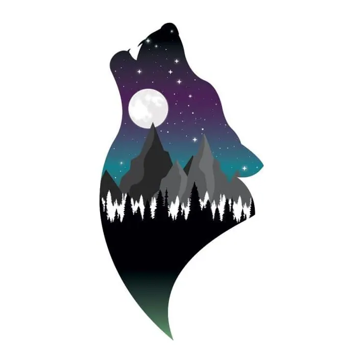Tatuagem temporária Animais Selvagens — Lobo uivando com paisagem. Inclui lobo, montanhas, lua