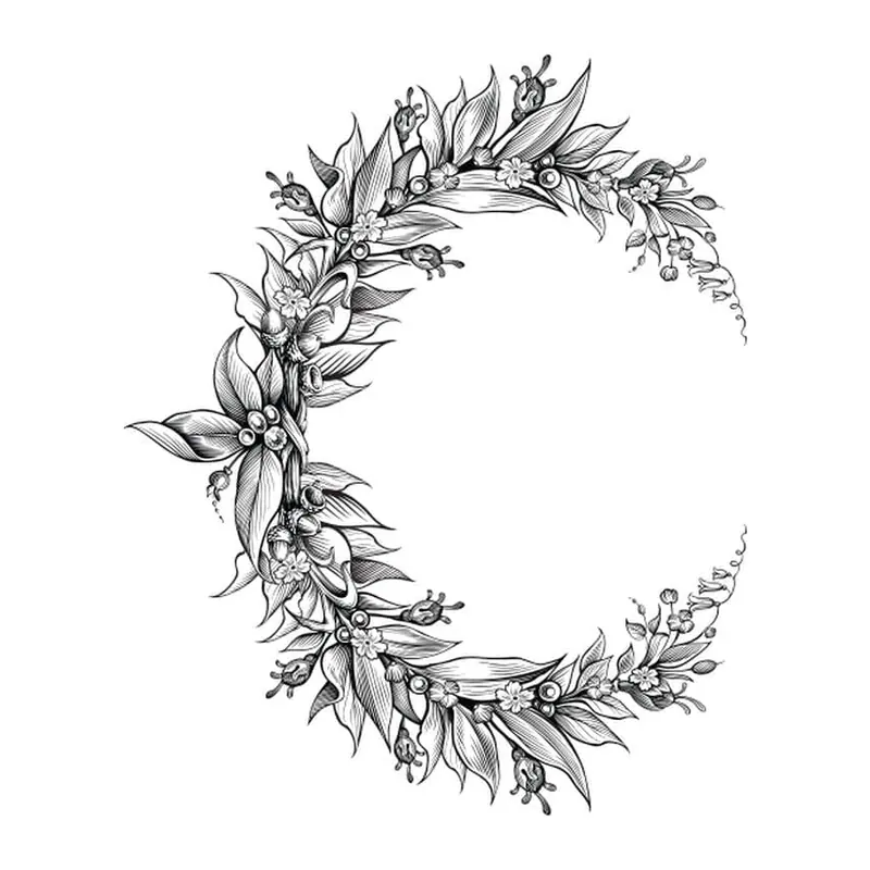 Tatuagem temporária Flores — Lua de folhas e flores. Inclui lua, flores, folhas