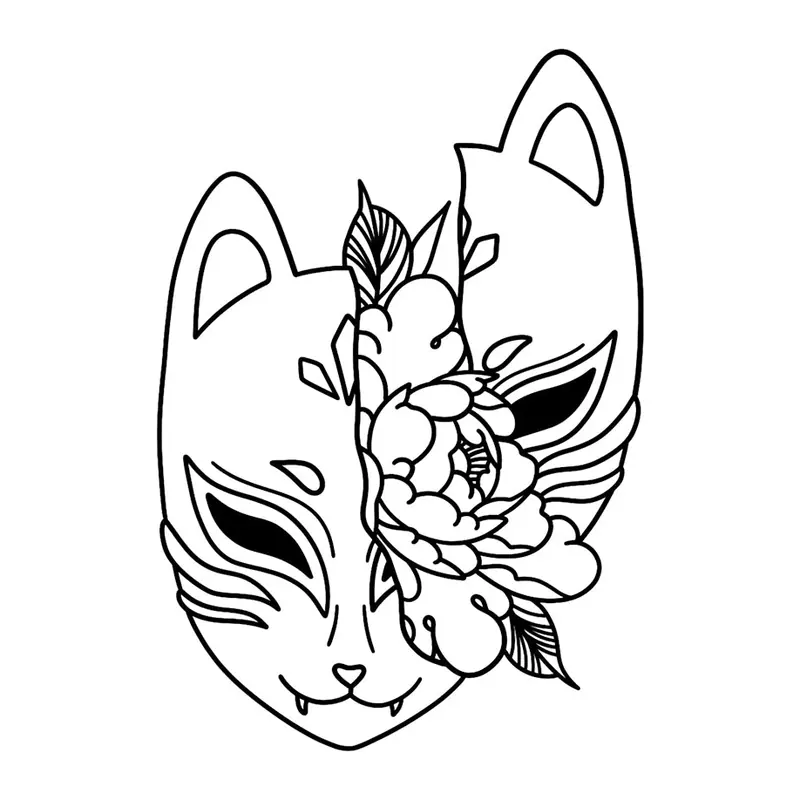 Tatuagem temporária Oriental — Máscara de raposa com flores. Inclui máscara, flores