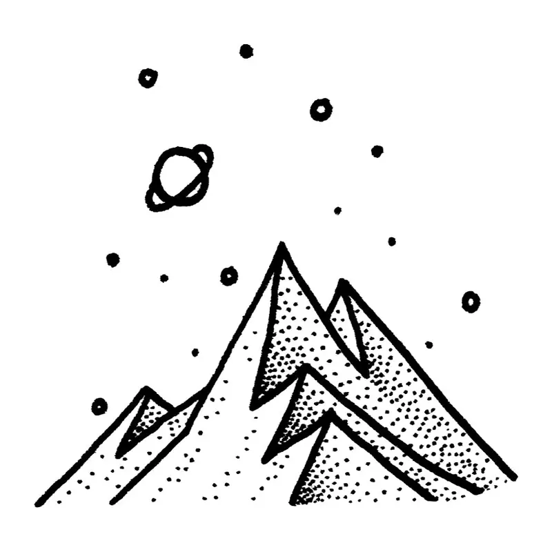 Tatuagem temporária Montanhas e Paisagens — Montanhas com planeta e estrelas. Inclui montanhas, planeta, estrelas