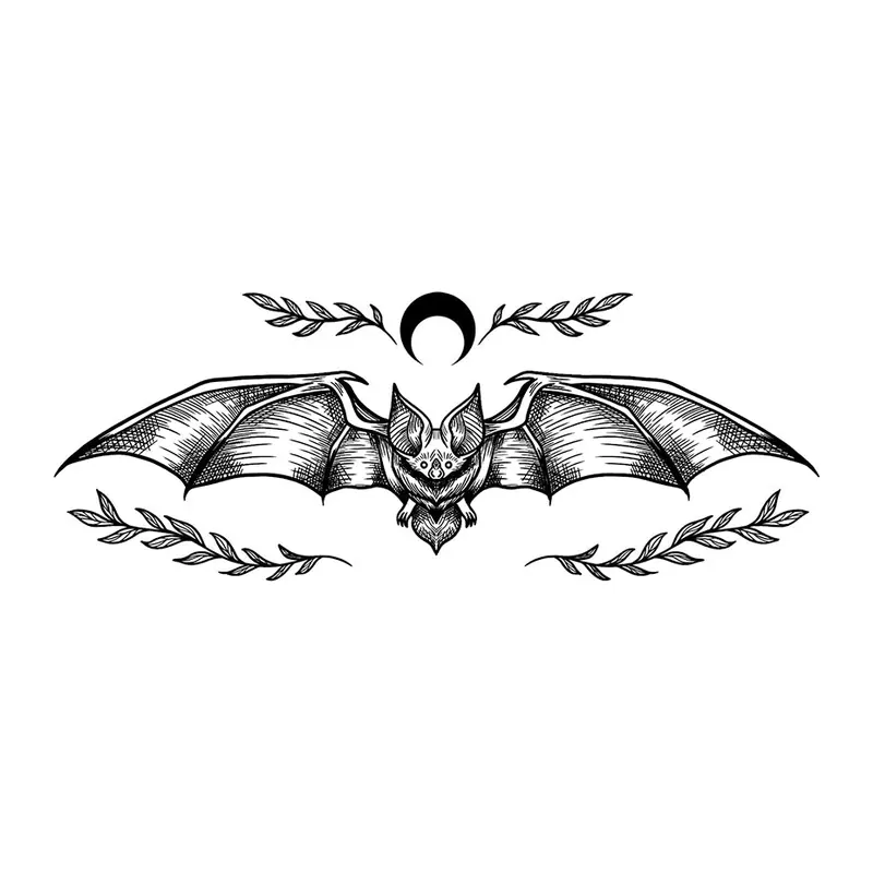 Tatuagem temporária Caveiras e Sombrio — Morcego com ramos e lua. Inclui morcego, lua, ramos