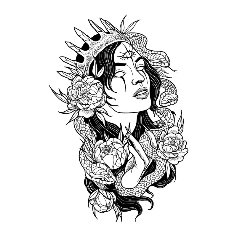 Tatuagem temporária Rostos e Figuras — Mulher com cobra e flores. Inclui mulher, cobra, flores