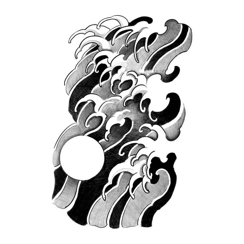 Tatuagem temporária Oriental — Ondas japonesas com sol. Inclui ondas, sol