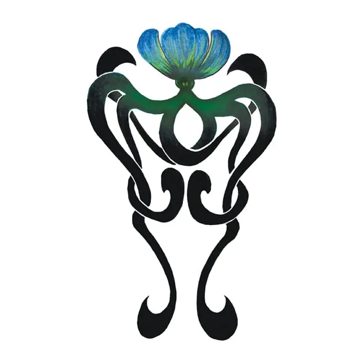 Tatuagem temporária Tribal e Nórdico — Ornamento art nouveau com flor azul. Inclui ornamento, flor