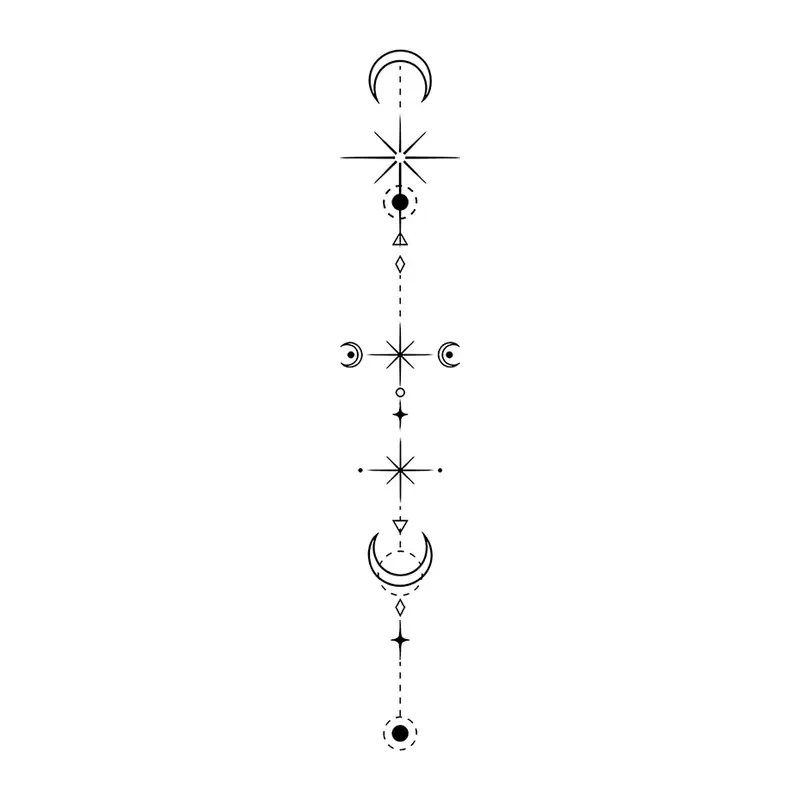 Tatuagem temporária Minimalista — Ornamento vertical com luas e estrelas. Inclui luas, estrelas