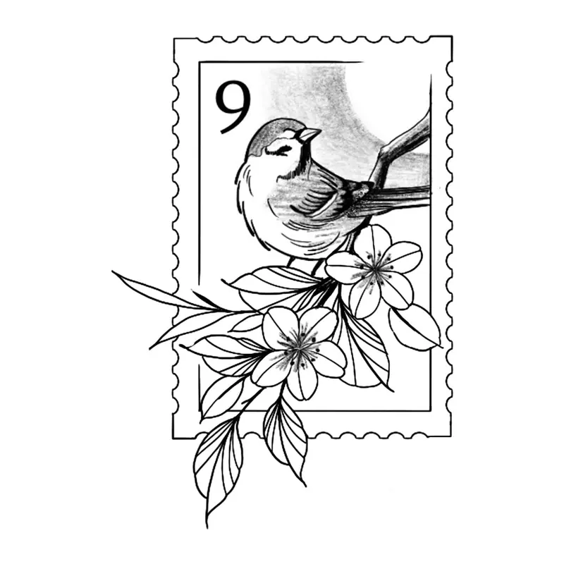 Tatuagem temporária Flores — Pássaro em selo com flores. Inclui pássaro, flores, selo