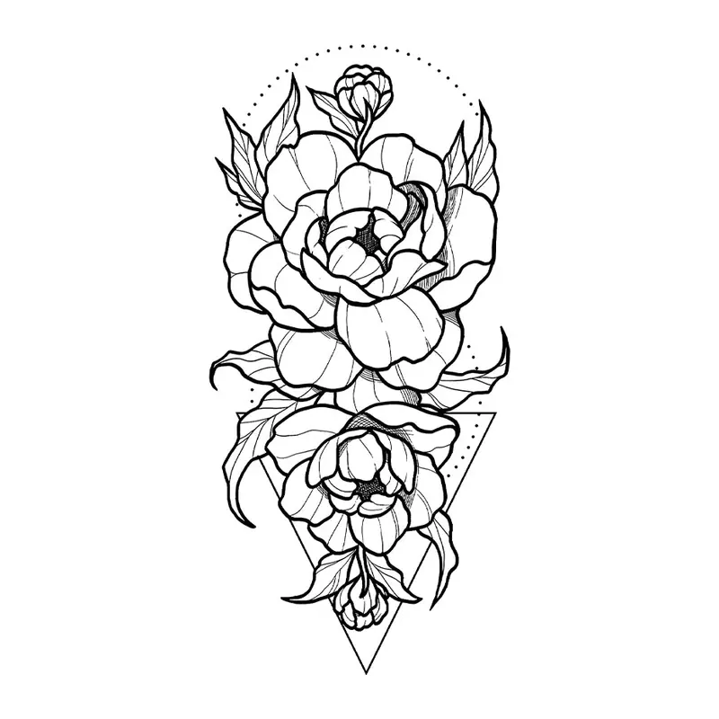 Tatuagem temporária Flores — Peônias com triângulo. Inclui peônias, triângulo
