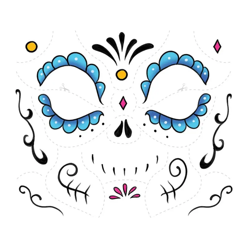 Tatuagem temporária Efeitos e Fantasia — Pintura facial de caveira mexicana azul. Inclui caveira, rosto