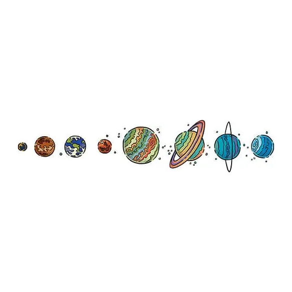 Tatuagem temporária Planetas e Espaço — Planetas coloridos em fileira. Inclui planetas