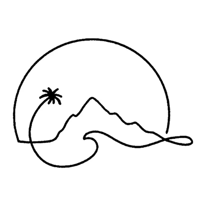 Tatuagem temporária Viagem e Aventura — Praia com montanha. Inclui montanha, palmeira, onda