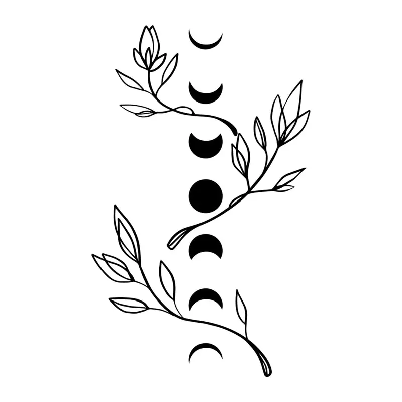 Tatuagem temporária Flores — Ramo de folhas com fases da lua. Inclui folhas, lua