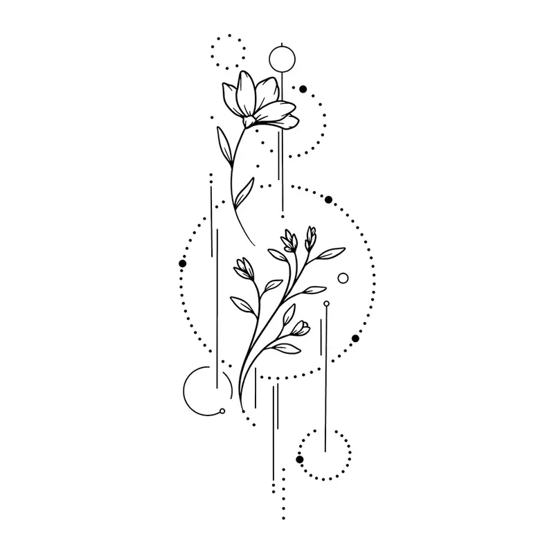 Tatuagem temporária Flores — Ramo florido com círculos. Inclui flores, círculos