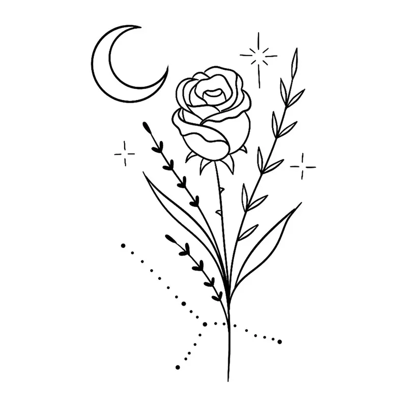 Tatuagem temporária Flores — Rosa com lua e estrelas. Inclui rosa, lua