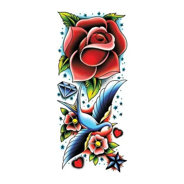 Tatuagem temporária Flores — Rosa e andorinha colorida. Inclui rosa, andorinha, diamante