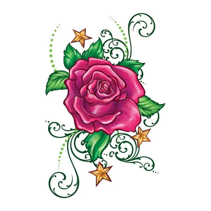 Tatuagem temporária Flores — Rosa pink com estrelas. Inclui rosa, estrelas