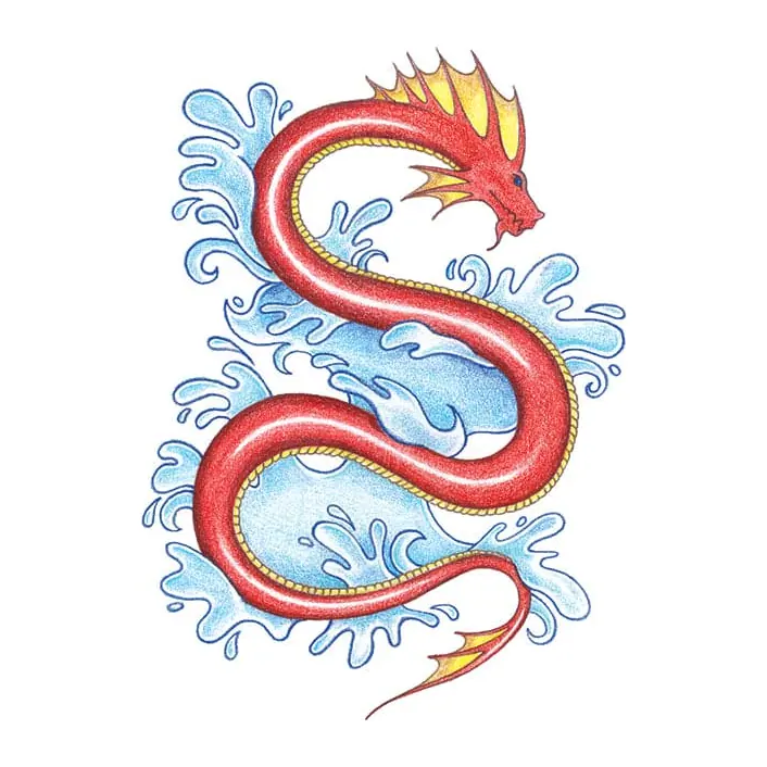 Tatuagem temporária Dragões e Fantasia — Serpente-dragão vermelha nas ondas. Inclui dragão, ondas