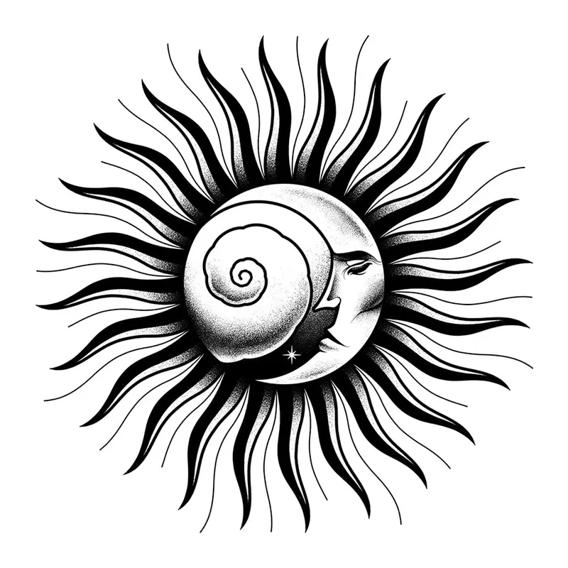 Tatuagem temporária Lua e Sol — Sol com lua e espiral. Inclui sol, lua