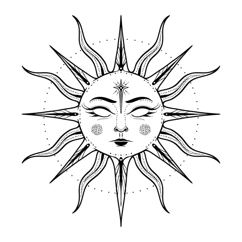 Tatuagem temporária Lua e Sol — Sol com rosto. Inclui sol, rosto