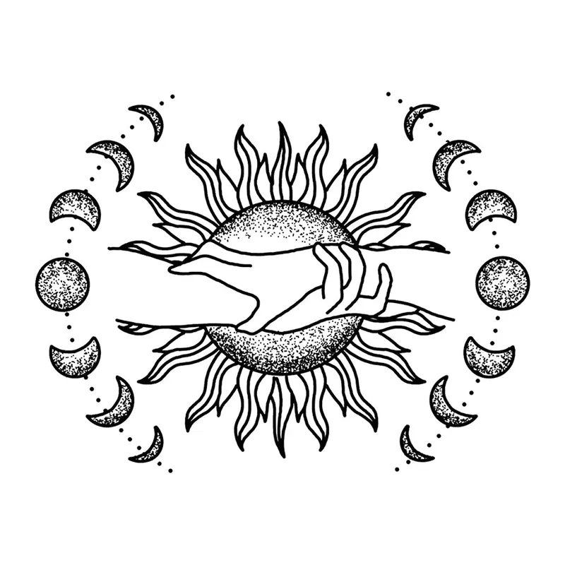 Tatuagem temporária Lua e Sol — Sol e fases da lua com mão. Inclui sol, lua, mão