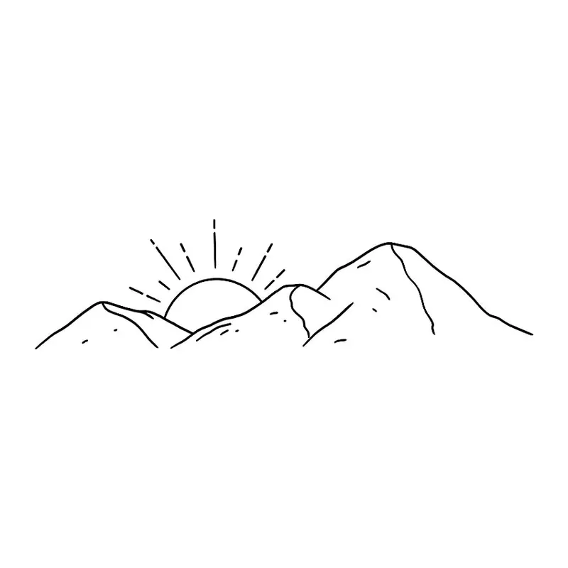 Tatuagem temporária Montanhas e Paisagens — Sol nascendo atrás das montanhas. Inclui sol, montanhas