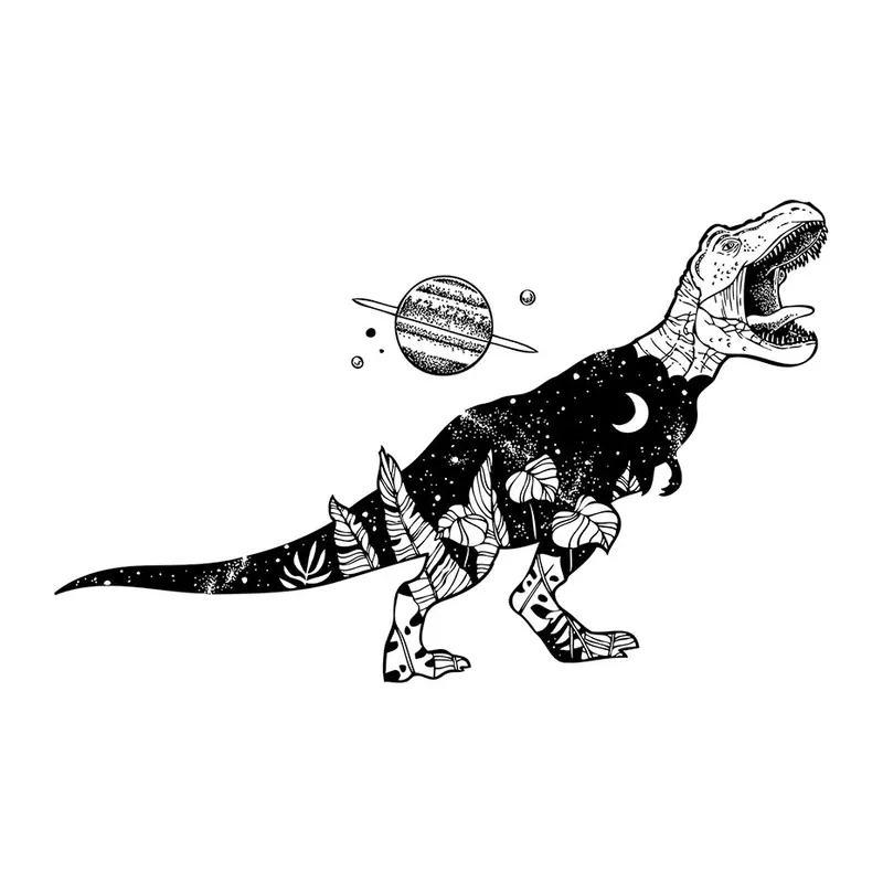Tatuagem temporária Animais Selvagens — T-rex com galáxia. Inclui t-rex, planeta, lua