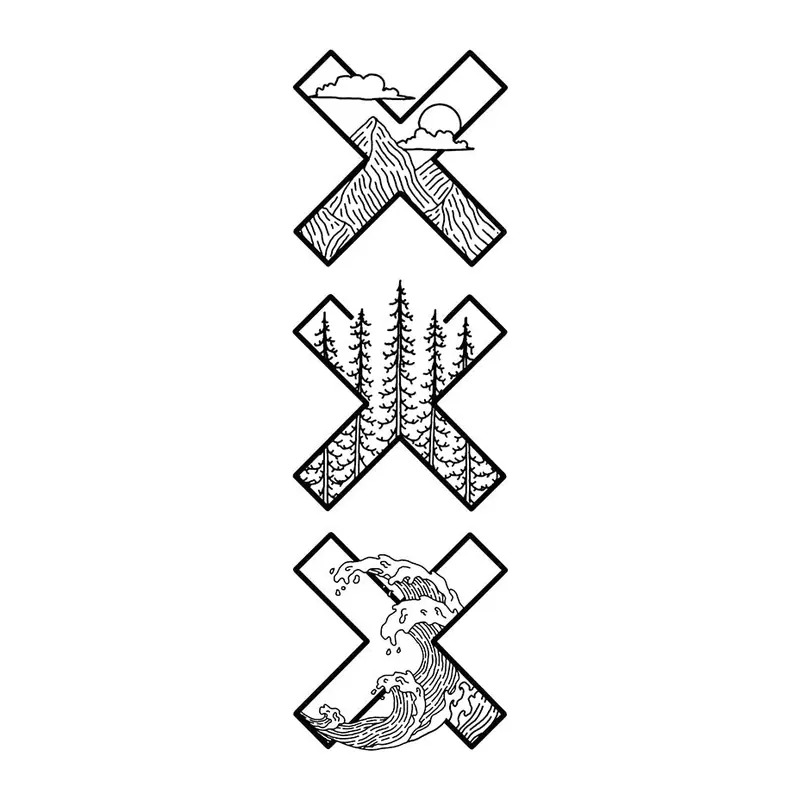 Tatuagem temporária Geométrico — Três X com paisagens. Inclui x, paisagem