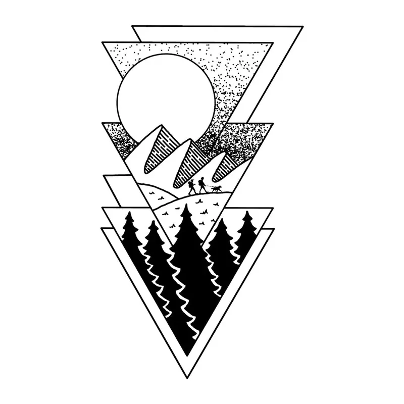 Tatuagem temporária Montanhas e Paisagens — Triângulos com floresta e sol. Inclui montanhas, pinheiros, sol