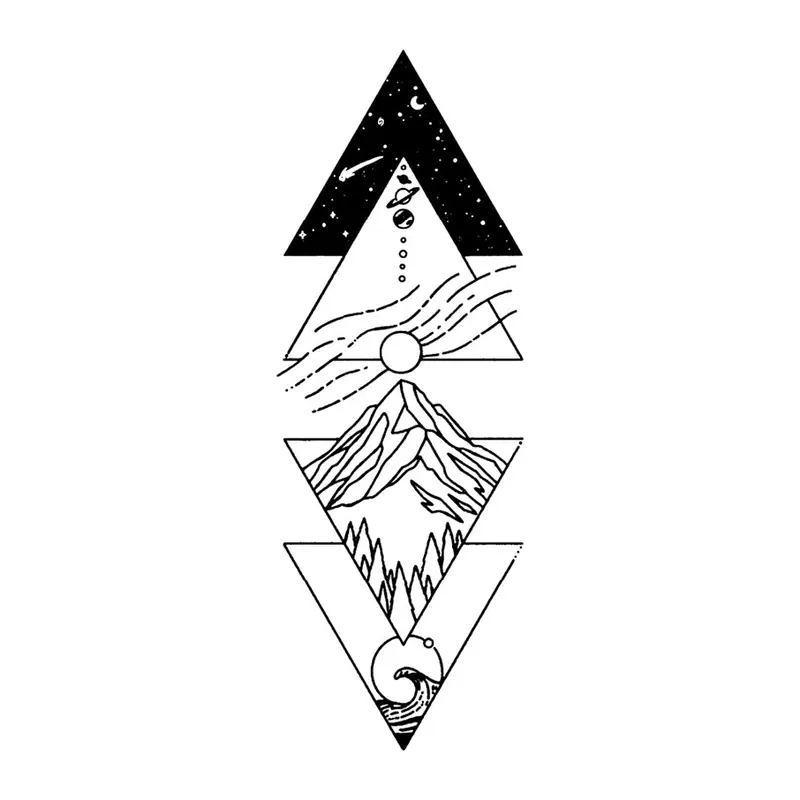 Tatuagem temporária Montanhas e Paisagens — Triângulos com paisagem de montanhas. Inclui triângulos, montanhas