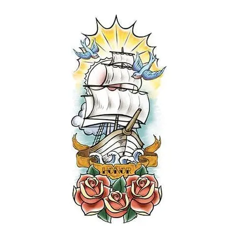 Tatuagem temporária Mar e Animais Marinhos — Veleiro com rosas. Inclui veleiro, rosas