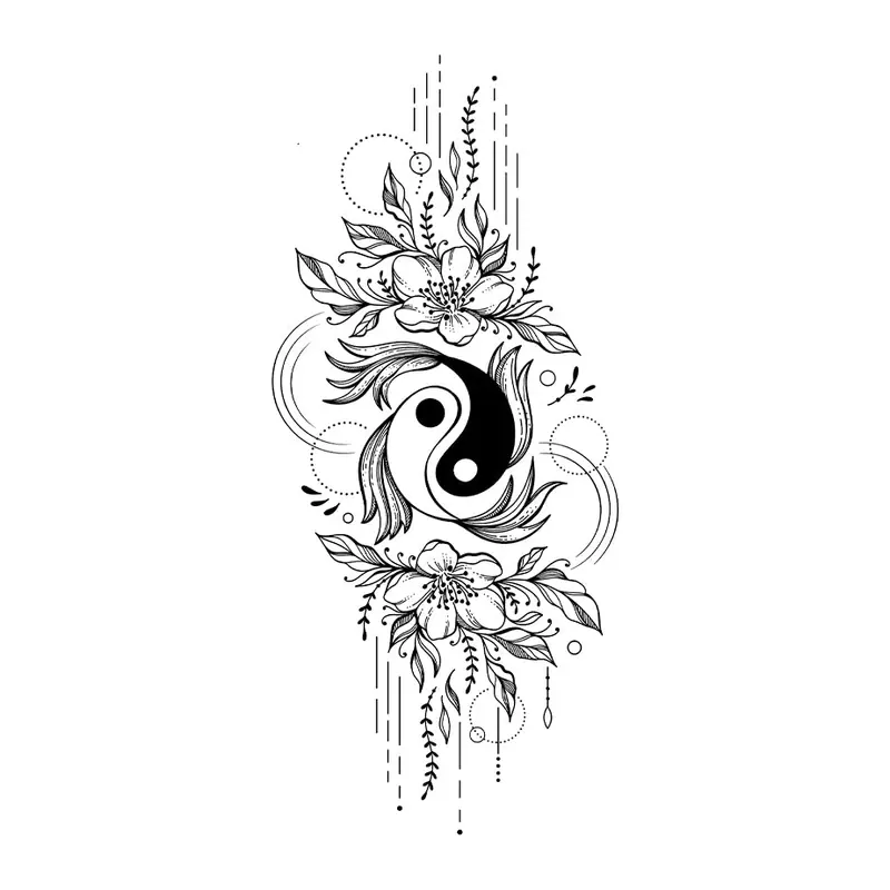 Tatuagem temporária Espiritual e Religioso — Yin yang com flores. Inclui yin yang, flores